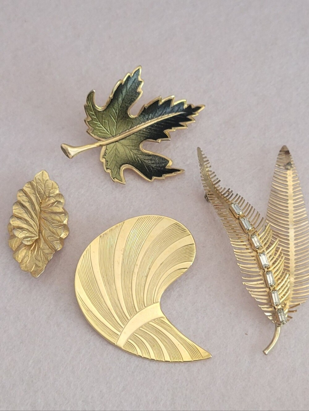 Vintage Gold Tone Leaf Brooch Lot Enamel Maple Fern Rhinestone Nature Pins 4pc